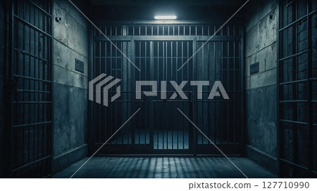 A dark, empty prison cell with metal bars and dim lighting, casting shadows on the concrete walls and floor, evoking a somber, confined atmosphere A dark, empty prison cell with metal bars and dim lighting, casting shadows on the concrete walls and floor, evoking a somber, confined atmosphere 127710990