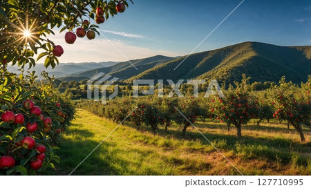 Picturesque apple orchard at sunset with ripe red fruits against majestic mountain backdrop. Golden evening light illuminates lush valley landscape with rows of fruit trees 127710995