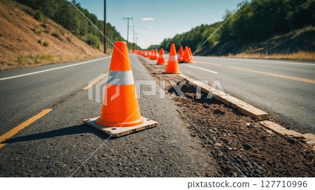 Row of bright orange traffic cones marking road construction zone on rural highway with exposed dirt and debris. Safety equipment in mountain landscape under clear blue sky 127710996