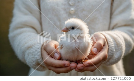 A woman is gently holding a small, delicate white bird in her hands A woman is gently holding a small, delicate white bird in her hands 127711000