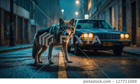 Dramatic night scene of wolf standing in urban alley with vintage car's headlights illuminating wet pavement. Cinematic composition combines wild nature with city atmosphere in blue-orange tones 127711009