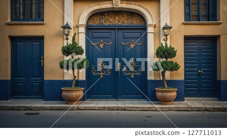 Elegant Mediterranean-style entrance with ornate navy blue double doors, golden decorative elements, and symmetrical potted topiary trees against a warm beige facade 127711013