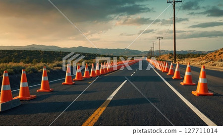 Long stretch of highway lined with bright orange traffic cones under a dramatic sky. Perfect for themes of construction, safety, roadwork, or travel scenes in rural settings 127711014