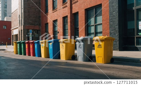 A long row of trash cans are neatly lined up on the side of the road 127711015