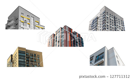 Contemporary multi storey buildings set, modern architecture with a colorful facade and large 127711312