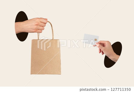 Minimalist collage art depicting delivery and payment with credit card, shopping bag, and kraft 127711350