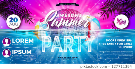 Summer Party Banner Design Template with Disco Ball and Beach Ball on Underwater Blue Ocean Background. Vector Summer Music and Dance Celebration Holiday Illustration with Tropical Palm Leaves and 127711394