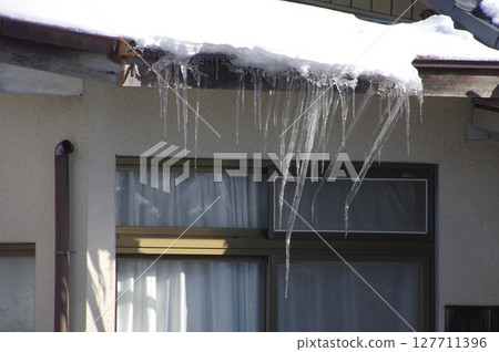 Icicles bending as they touch the window Icicles bending as they touch the window 127711396