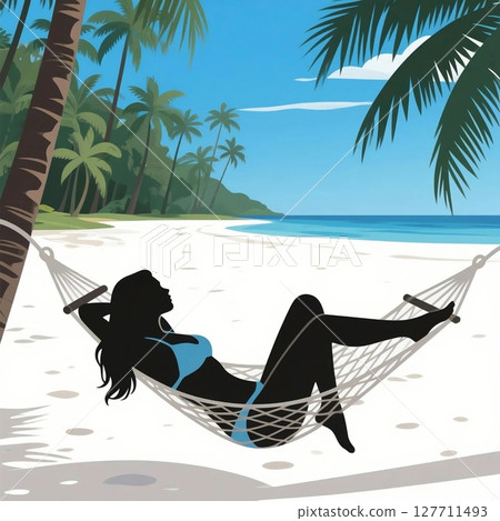 一幅剪影插圖：一位身穿泳衣的女子在美麗的夏日海灘上棕櫚樹上的吊床上休息 127711493