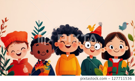 Diverse group of happy children outdoors wearing colorful outfits and smiling together during a sunny day 127711536