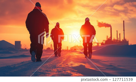 Workers walking towards the sunset in a cold industrial area with a backdrop of silhouettes and smokestacks during twilight hours 127711539