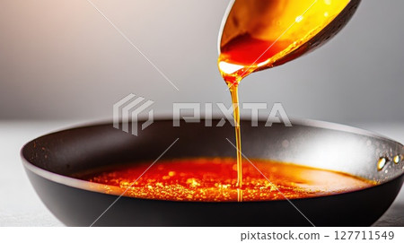 Golden syrup pours from a spoon into a black frying pan on a bright surface in a cozy kitchen setting during daytime cooking 127711549