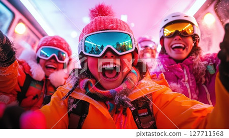 Excitement and Joy Among Children Enjoying a Snowy Adventure at a Ski Resort during Winter 127711568