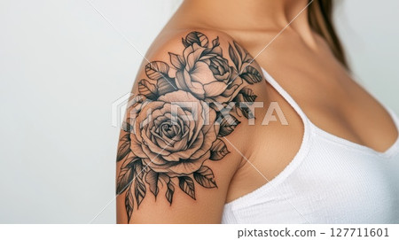 Intricate black and grey rose tattoo design on shoulder showcasing detailed floral artistry in a bright studio setting 127711601