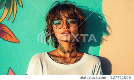 Stylish young woman with tattoos poses against a colorful mural in bright sunlight during a vibrant summer day Stylish young woman with tattoos poses against a colorful mural in bright sunlight during a vibrant summer day 127711666