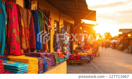 Vibrant market displays colorful textiles and crafts at sunset in a bustling outdoor bazaar 127711667