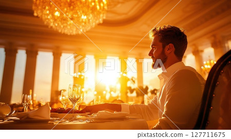 Enjoying a sunset dinner in a luxurious restaurant with elegant decor and ambient lighting, capturing a moment of relaxation and joy during the golden hour 127711675