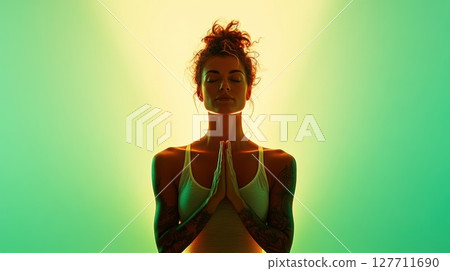 Meditation practice with a serene woman surrounded by soft glowing light in a tranquil setting during evening hours for relaxation and mindfulness 127711690