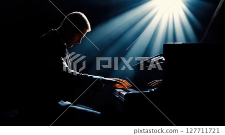 Pianist performs emotive piece under dramatic spotlight in concert hall during evening show 127711721