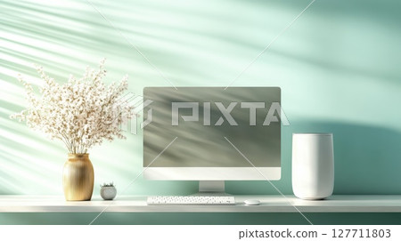 Modern workspace with a computer, potted plant, and decorative vase on a minimalist desk against a soft pastel wall during daylight hours 127711803