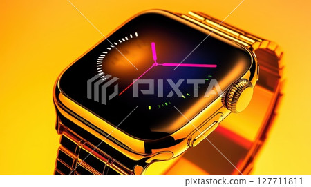 Elegant gold smartwatch with vibrant display and striking colors against a warm yellow background showcasing innovative technology Elegant gold smartwatch with vibrant display and striking colors against a warm yellow background showcasing innovative technology 127711811