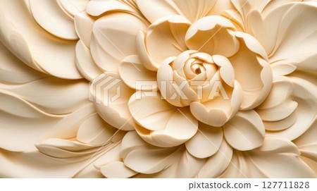Delicate cream flower carving showcasing intricate petal designs, with a focus on texture and detail, perfect for decorative art enthusiasts and lovers of natural beauty 127711828