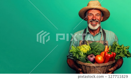 Smiling elderly man in a straw hat holding a basket filled with fresh vegetables against a vibrant green background Smiling elderly man in a straw hat holding a basket filled with fresh vegetables against a vibrant green background 127711829