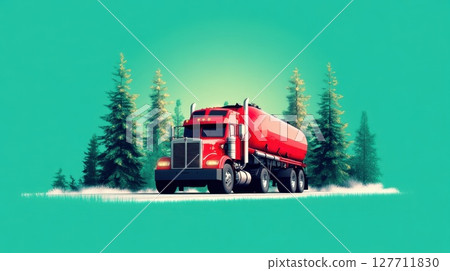Red tanker truck travels through a pine forest road with a bright backdrop in a vibrant and striking landscape during daylight hours Red tanker truck travels through a pine forest road with a bright backdrop in a vibrant and striking landscape during daylight hours 127711830