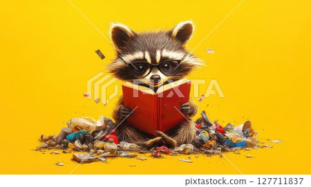 Raccoon reading a book in a colorful setting surrounded by trash while wearing glasses, showcasing curiosity and environmental themes 127711837