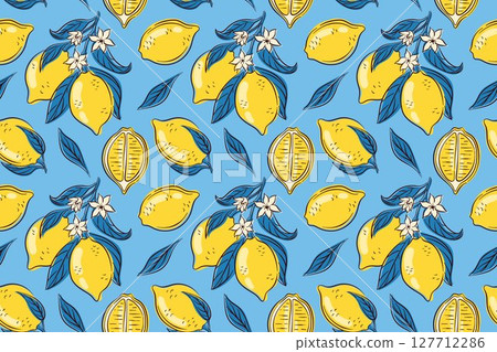 Seamless pattern of whole and slice lemon with leaves and white flower on a blue background in flat style. Perfect for summer citrus design, food packaging, kitchen textile and fresh theme. 127712286