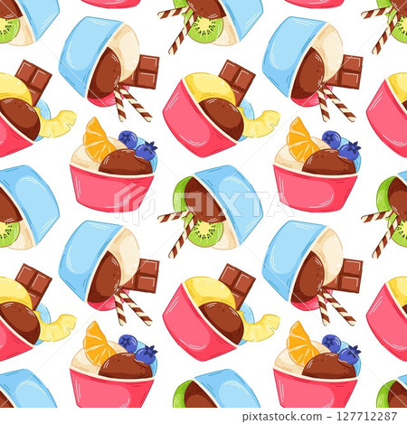 Seamless pattern of cartoon ice cream scoop in paper cup with orange fruit, pineapple, blueberry and chocolate bar. Perfect for summer background, kitchen wallpaper and textile design. 127712287