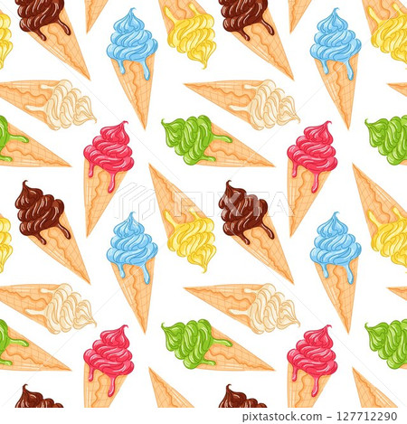 Seamless pattern of soft ice cream cone melting scoop in various flavors in cartoon style. Perfect for summer background, packaging and food themed textile design. 127712290