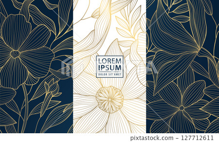 Vector set line gold oriental floral elements, chinese, japanese luxury flower background. Asian style package, wine labels, spring borders, elegant plant ornament. Vector set line gold oriental floral elements, chinese, japanese luxury flower background. Asian style package, wine labels, spring borders, elegant plant ornament. 127712611