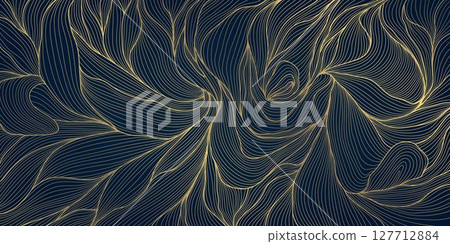 Vector art deco line leaves pattern, linear gold on blue floral luxury nature texture, elegant foliage background. Nouveau fancy jungle print. garden ornament, botanical exotic wallpaper. Vector art deco line leaves pattern, linear gold on blue floral luxury nature texture, elegant foliage background. Nouveau fancy jungle print. garden ornament, botanical exotic wallpaper. 127712884