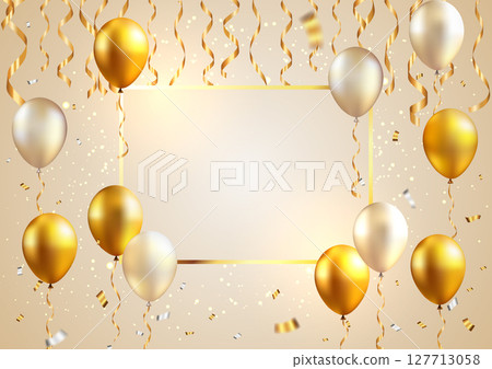 Elegant party background with golden balloons and confetti frame 127713058