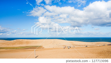 A simple landscape of blue sky, clouds and Tottori sand dunes A simple landscape of blue sky, clouds and Tottori sand dunes 127713096