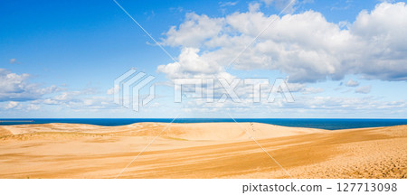 A simple landscape of blue sky, clouds and Tottori sand dunes A simple landscape of blue sky, clouds and Tottori sand dunes 127713098