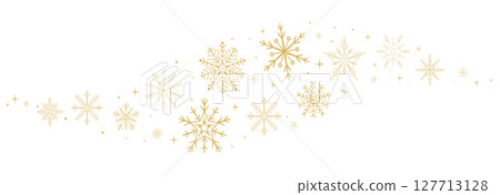 Gold snowflake wave border. Snow golden holiday winter background. Falling snow, garland, star ornament. Flake design element, decoration. 127713128
