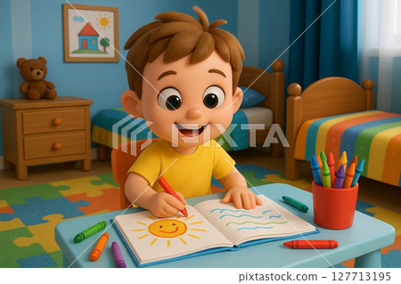 Happy child drawing colorful picture in cozy bedroom with toy bear and vibrant crayons. concept of childhood creativity, fun home activity, imagination exploration 127713195
