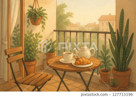 Cozy morning breakfast on balcony with coffee and croissant surrounded by lush potted plants. concept of peaceful start to the day, balcony relaxation, enjoying quiet morning. 127713196