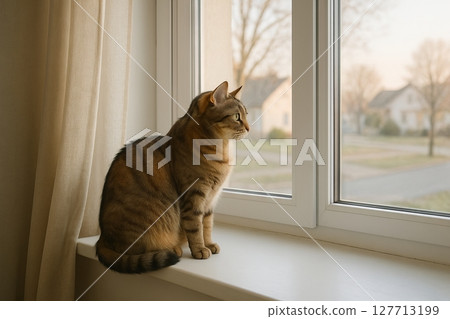 Tabby cat sitting on a windowsill and looking outside during a calm afternoon. concept of quiet contemplation, relaxed pet, indoor scene. 127713199
