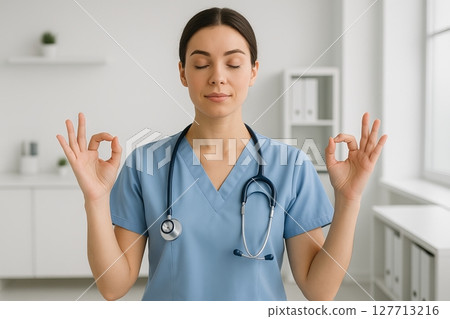 Nurse meditating peacefully in hospital office for stress relief and mental relaxation. concept of mindfulness, serenity, stress management Nurse meditating peacefully in hospital office for stress relief and mental relaxation. concept of mindfulness, serenity, stress management 127713216