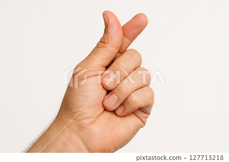 Hand making Korean finger heart gesture isolated on white background. Concept of love sign, gratitude, affection, K-pop culture, cute communication symbol 127713218