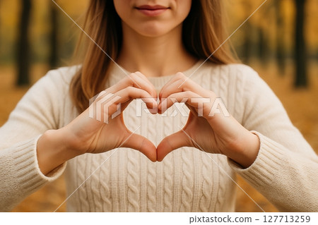 Young woman making heart gesture with hands in a park during autumn. concept of love, gratitude, nature appreciation 127713259