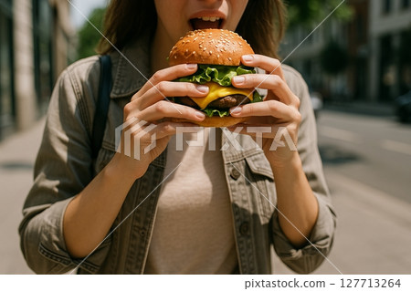 Woman enjoying delicious burger in sunny urban setting on a relaxed summer day. concept of gastronomy, urban lifestyle, fast food enjoyment, street casual dining 127713264