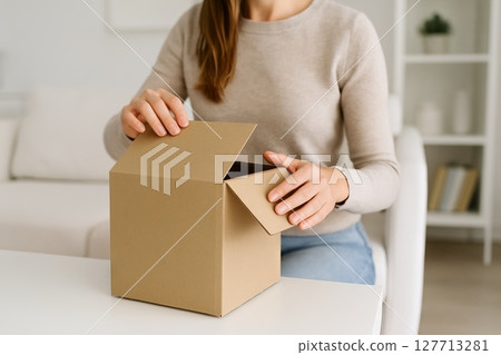 Woman unboxing cardboard box in minimalist white room. concept of excitement, gift opening, simple lifestyle, curiosity, surprise, delivery package, online shopping, home delivery 127713281