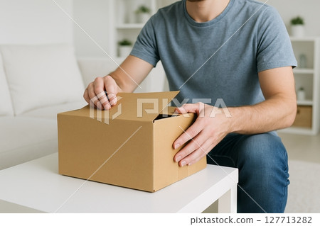 Man unboxing delivery package in living room. concept of surprise gift, excitement, home activity, and receiving mail, online shopping, home delivery 127713282