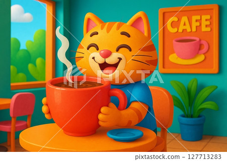Illustration of a happy cat enjoying a steaming cup of coffee in a bright cafe setting with colorful decor 127713283