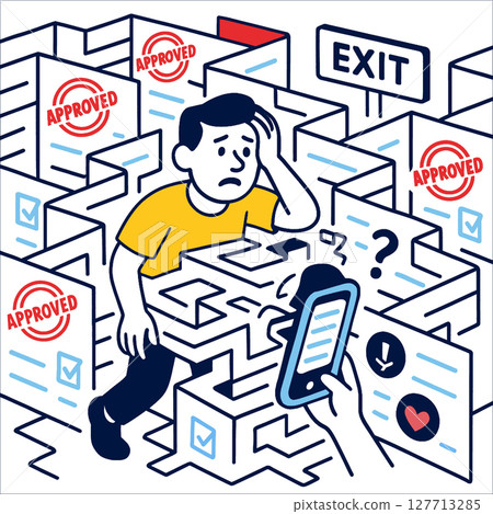 Frustrated man navigating maze of paperwork with approved stamps, seeking exit 127713285