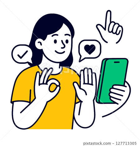 Person using smartphone, showing gestures of approval and love, engaging in communication 127713305